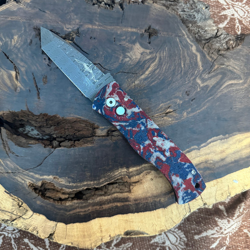 Pro-Tech Emerson CQC7 Auto Tanto Red White and Blue Unique Micarta Top Damascus Blade Mother of Pearl Button