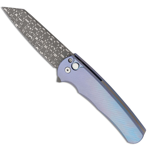 Pro-Tech Malibu Custom Button Lock Flipper Reverse Tanto 3D Machined Blue Titanium Handle Vegas Forge Razorwire Damascus Blade Pearl Button 2023.008