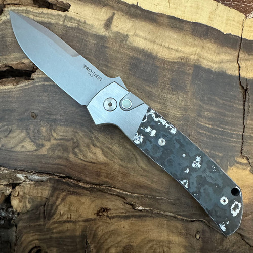 Pro-Tech Terzuola ATCF Auto Custom Steel Two Tone Matte/Satin Frame w/ White Storm Fat Carbon Inlays Stonewashed Magnacut Blade Pearl Button 2023-ATCF-005