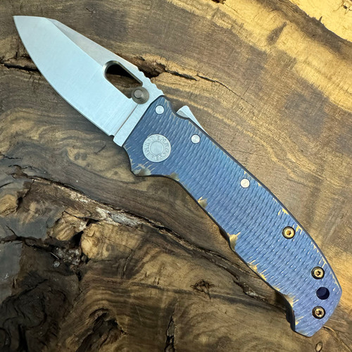 Demko Custom AD-20 Compact Rock Carved Blue Bronze Textured Titanium Handle Hand Ground Machine Satin Whale Shark Blade
