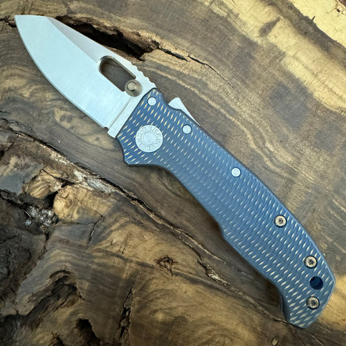 Demko Custom AD-20 Compact Blue Bronze Textured Titanium Handle Hand Ground Machine Satin Whale Shark Blade