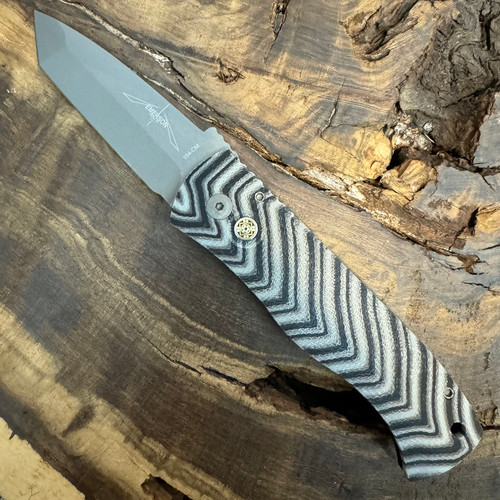 Pro-Tech Emerson CQC7 Auto Tanto Denim Stripe Unique Micarta Top Smoke Gray Blade Mosaic Button