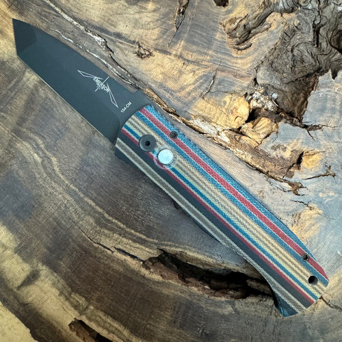 Pro-Tech Emerson CQC7 Auto Tanto Unique Micarta Green/Blue/Red Top DLC Blade Pearl Button