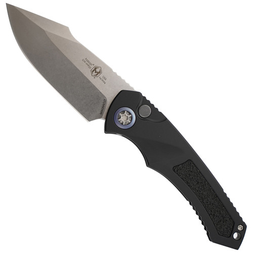 Heretic Knives Pariah Auto Black Handle w/ Black Grip Inlays Stonewashed Blade H048-2A