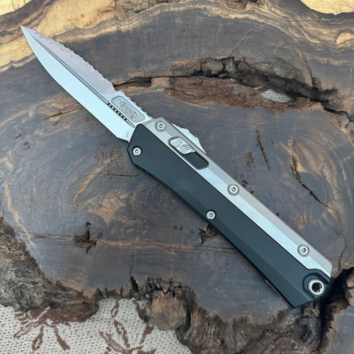 Microtech Glykon Bayonet Black Handle w/ Bead Blast Overlay Stonewash Top Serrated 184-11