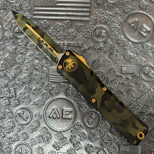 Microtech Combat Troodon D/E Gen III Olive Camo Standard Signature Series Gold Accents 1142-1OCGS