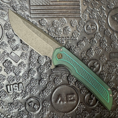 Ferrum Forge Mordax Frame Lock Flipper Antique Green Anodized Honeycomb Pattern Titanium Handle Acidwashed Blade AE Custom Shop