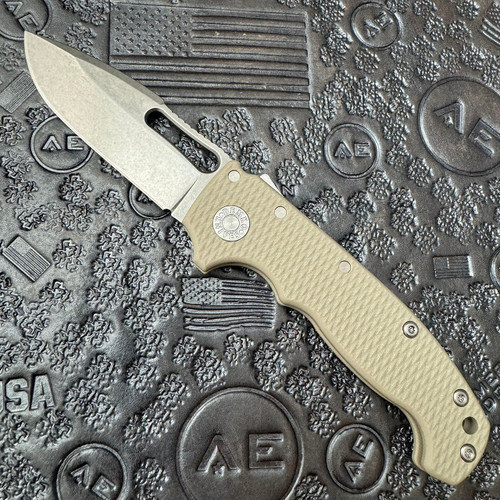 Demko MG AD20S Harpoon Drop Point Shark Lock Tan G10 Handle Stonewash CPM-20CV Blade AE Exclusive