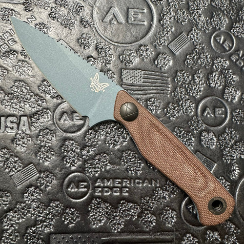 Benchmade Dacian Pocket Fixed Blade Brown Canvas Micarta Handles Blue Cerakote CPM-MagnaCut Blade 203BT-01