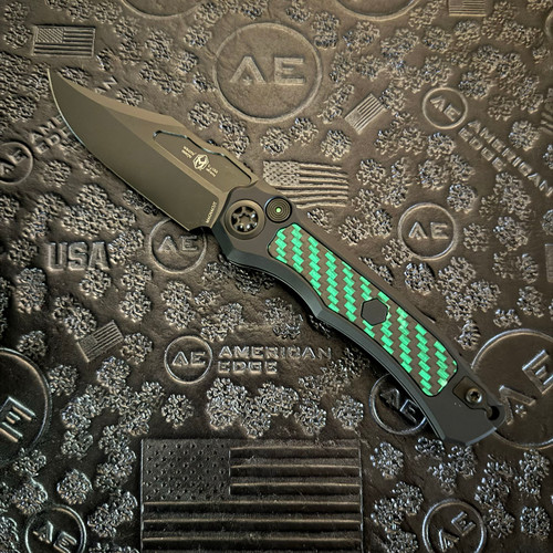 Heretic Knives Wraith V4 Auto Bowie Wraith Black Handle Glow Carbon Fiber Inlays DLC Standard Blade Tritium Button H002-6A-GLOCF