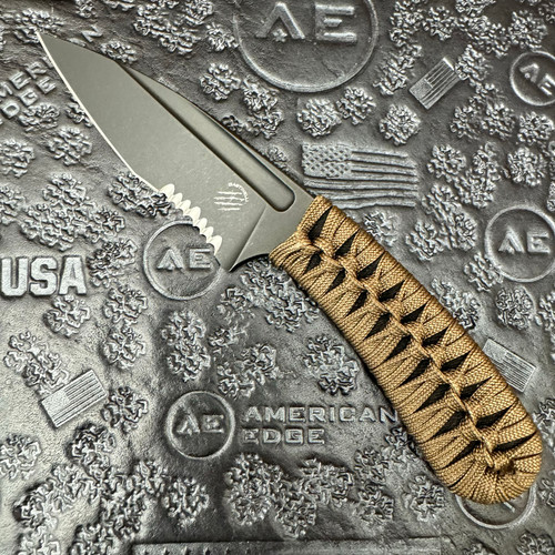 Bastinelli Creations Sin Nude Fixed Blade Custom Cobra Tan Grip Handle Black Serrated Blade