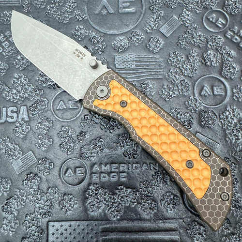 McNees Knives PM MAC 2 3.5 Gen 2 Atomic Bronze Hive Lasered Titanium Handles w/ Coyote Richlite Inlay Matte Stonewash Flat Ground Drop Point Magnacut Blade