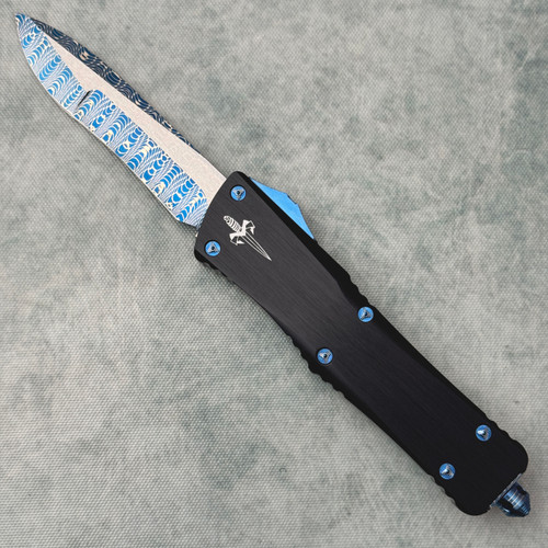 Marfione Custom Combat Troodon Recurve Hefted Black Alloy Handle w/ Ringed Blue Titanium Hardware Compound Ground Blue Spirograph Vegas Forge Damascus Blade Serial Number 001