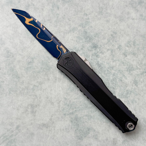 Microtech Marfione Select Cypher II Wharncliffe Hefted Alloy Hard Cut w/ Blue Titanium Accents Blued Baker Forge Coppermai Damascus Tritium Button Insert 1241-16MS1