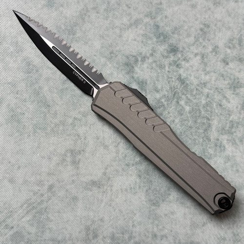 Microtech Cypher II D/E Natural Clear Full Serrated 1242-3NC