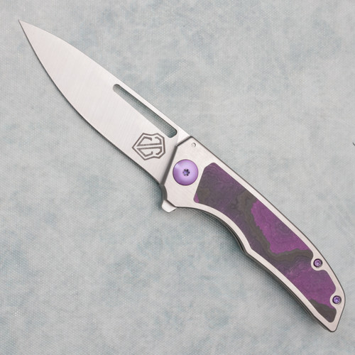John Gray Custom Slitter Frame Lock Flipper Titanium Handle w/ Purple and Black Camo Quartz Inlay Satin Magnacut Blade