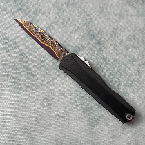 Microtech Marfione Select Cypher II Wharncliffe Hefted Alloy Hard Cut w/ Purple Haze Titanium Accents Blued Baker Forge Coppermai Damascus Tritium Button Insert 1241-16MS3