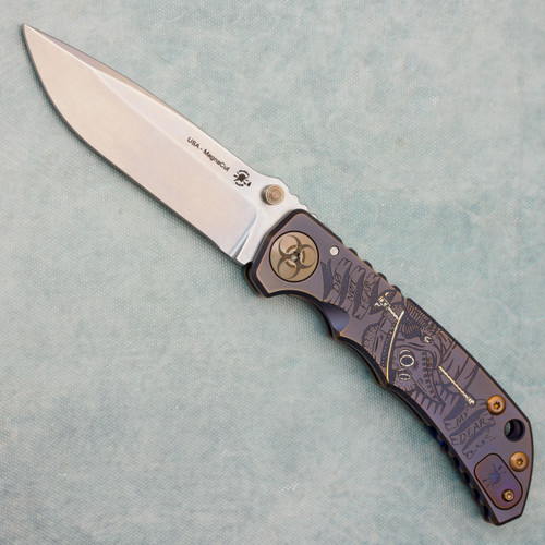 Spartan Blades Harsey Folder SHF Custom Engraved Plague Doctor Purple/Bronze Titanium Handle Stonewash MagnaCut Blade