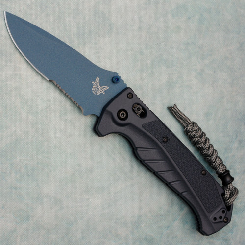 Benchmade Water Adira Axis Lock Tempest Gray Grivory Handles Blue Cerakote CPM-MagnaCut Combo Blade 18060SBT-01
