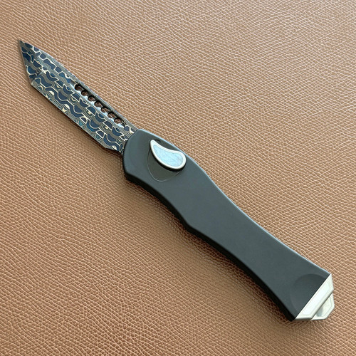 Heretic Knives Custom Hydra V4 OTF Auto T/E Aluminum Handle w/ Mother of Pearl Inlaid Button Cover, Button, Charging Handle, and Plate Blued Vegas Forge Reptilian Blade