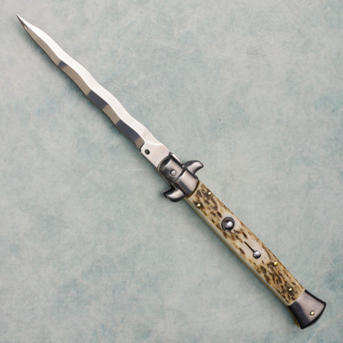 Frank Beltrame 11" Italian Stiletto Auto Stag Handles Polished Kris Blade