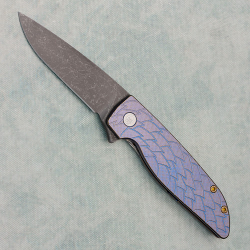 Grimsmo Knives Rask Frame Lock Dragon Scales Pattern Blue/Bronze Titanium Handle Acid Etched and Tumbled RWL34 Blade (Pre-Owned)