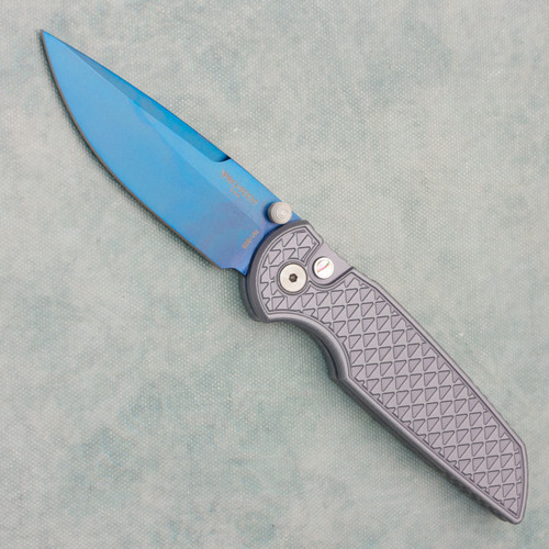 Pro-Tech TR-3 Integrity Button Lock Grey Battleworn Relic Textured Aluminum Handles Sapphire Blue Blade BSA25.INT.1 (Consignment)
