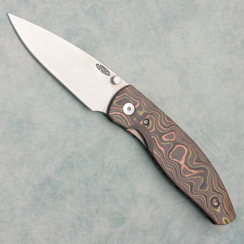 Three Rivers Manufacturing TRM Atom Liner Lock Mokume Camo Carbon 3D Contoured Scales Stonewashed MagnaCut Blade