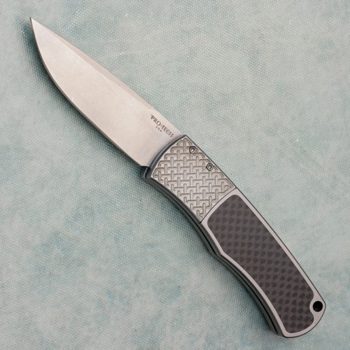 Pro-Tech Whiskers Magic BR-1.25 Bolster Release Auto Custom Steel Handle w/ Carbon Fiber Inlay Stonewash Blade