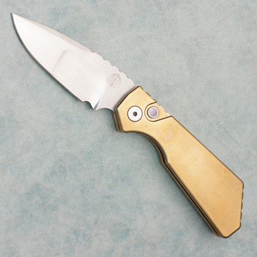 Pro-Tech Strider PT+ Auto Stonewash Bronze AL Handle Mike Irie Hand Compound Ground Hand Satin Blade Pearl Button Prototype 1 of 2