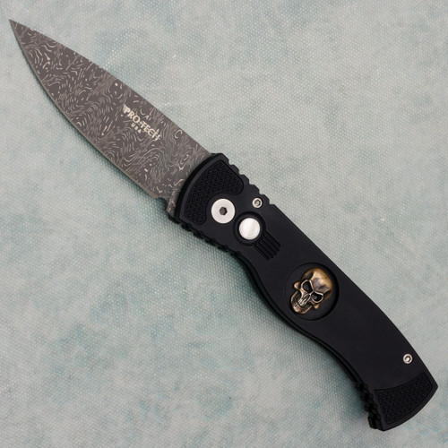 Pro-Tech TR-2 Auto Black Handle W/Textured Corners Shaw Skull Chad Nichols Wild One Damascus Blade