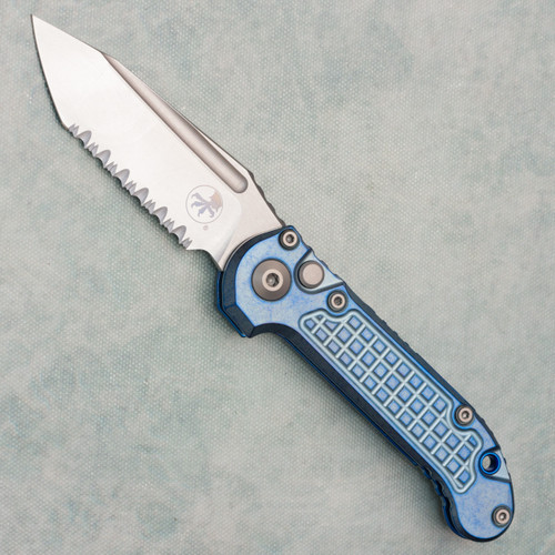 Microtech Marfione Select LUDT T/E Gen III Ice Blue Frag Titanium Handle Stonewash Full Serrated Blue Accent 1136-12FRMS6