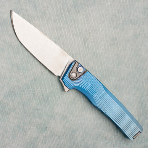MachineWise Sonora Button Lock Flipper Streamline Pattern Ice Blue Fade Titanium Integral Handle Zirblast Titanium Bolster and Clip Stonewashed S90V Blade
