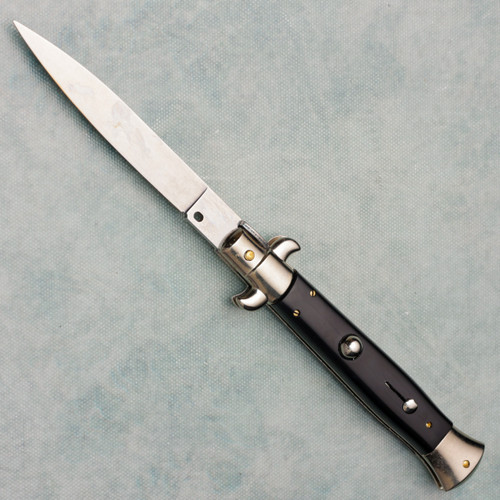 Frank Beltrame 9" Italian Stiletto Auto Black Handles Polished Flat Blade