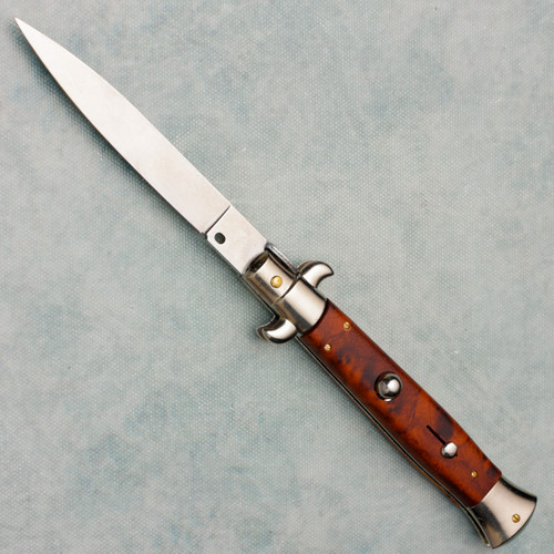 Frank Beltrame 9" Italian Stiletto Auto Imitation Wood Handles Polished Flat Blade