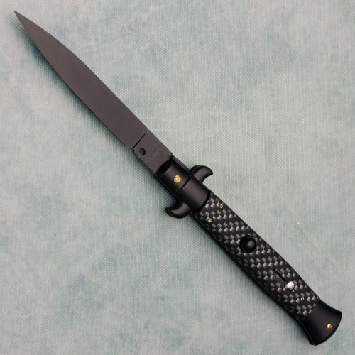Frank Beltrame 9" Italian Stiletto Auto Teflon Coated Sim Carbon Fiber Handles Black Flat Blade