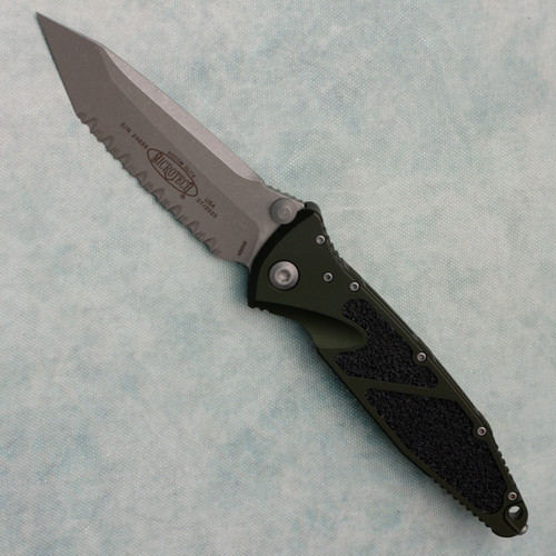 Microtech Socom Elite Manual T/E Woodlands Green Handle Apocalyptic Full Serrated 161-12APWL