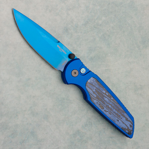 Pro-Tech TR-3 Integrity Button Lock Blue Handle w/ Aftermarket Chad Nichols Zircuti Inlay Sapphire Blue Blade (Consignment)