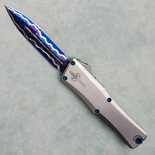 Marfione Custom Combat Troodon LT D/E Satin Stainless Steel Handle Blue Hardware w/ Flamed Titanium Accent Blued Bertie Rietveld Dragonskin Ball Bearing San Mai Damascus Blade