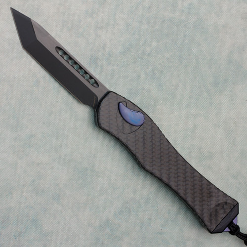 Heretic Knives Hydra V4 T/E OTF Auto Carbon Fiber Handle DLC MagnaCut Blade Blue Titanium Accents H406-6A-CF-BLUTI