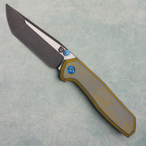NCC Knives Ragnarok V6 Frame Lock Large Chamfer False Liner Sandblasted OD Green Stonewash Blue Titanium Handles Acidwash Blade w/ Satin Flats
