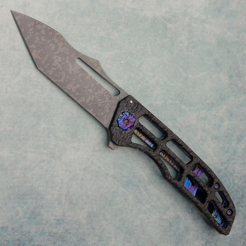 John Gray Custom Slitter Frame Lock Flipper Rocked Carbon Fiber/Rocked Skeletonized Blue/Purple Titanium Handle Dark Camo MagnaCut Harpoon Tanto Blade