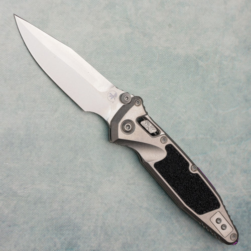 Microtech Marfione Select Socom Ram-Lok Spear Point Stonewash Titanium Handle w/ Black Grip Tape Inlays Stonewash Standard Purple Accent 160RL-10SMS4