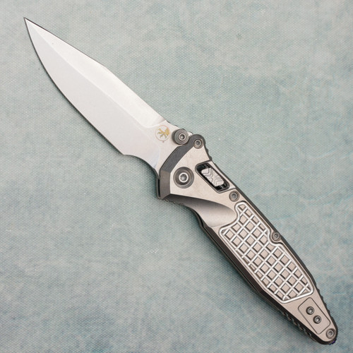 Microtech Marfione Select Socom Ram-Lok Spear Point Stonewash Frag Titanium Handle Stonewash Standard Blue Accent 160RL-10FRSMS3