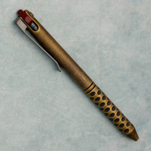 Maverick Customs Flipper Universal Pen Ringed/Sculpted Antique Brass w/ Red/Black G10 Flipper 77