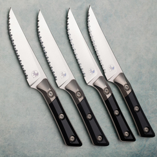 Microtech Steak Knife Set Black G-10 Handle w/ Bead Blast Titanium Bolsters Stonewash Full Serrated 3600B-12SETBK