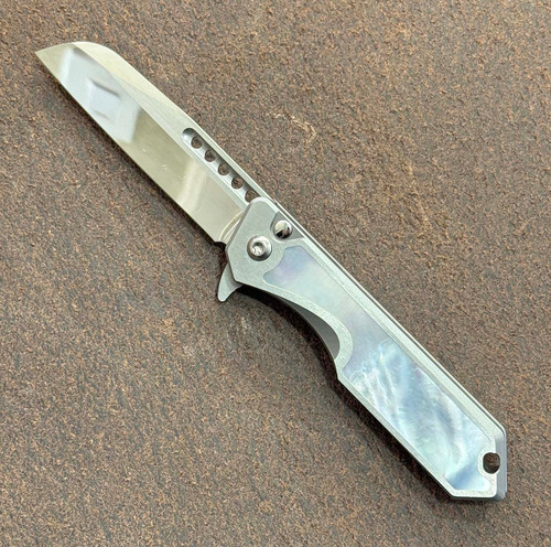 Heretic Knives Jinn Manual Custom Button Lock Titanium Handle w/ Mother of Pearl Inlays Hand Ground Cracked Ice M390 Blade