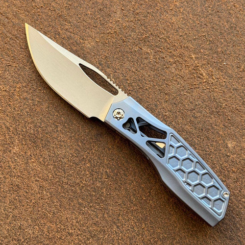 Prince Customs Protean Frame Lock Hexaskelly Blue Titanium Handle 20CV Drop Point Blade