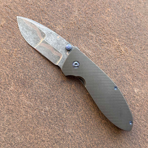 Krein Knives Custom Alpha Frame Lock Battle Blackened Checkered Titanium Handle Baker Forge DarkMai Damascus Compound Ground Blade