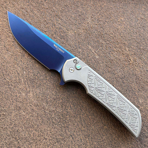 Pro-Tech Mordax Button Lock Flipper 17-4 Steel Nexus Textured Handle Sapphire Blue PVD MagnaCut Blade Abalone Button 2026MORDAXCUSTOM001